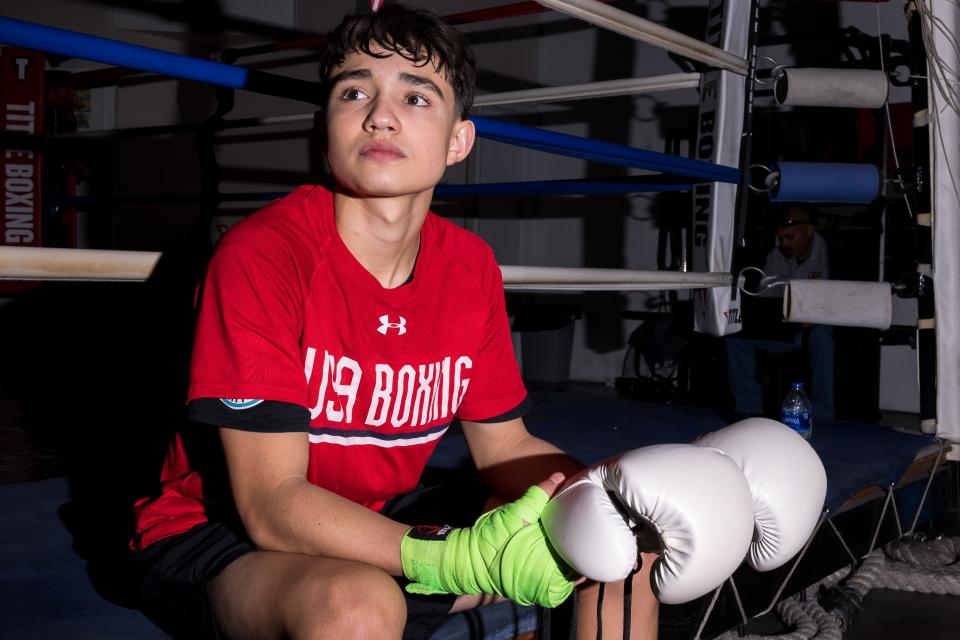 Amateur boxer Moises Rodriguez, 15, poses for a photo at Champ Camp Gym in East El Paso, Texas, on Thursday, Dec. 1, 2022, leading up to USA Boxing Nationals.