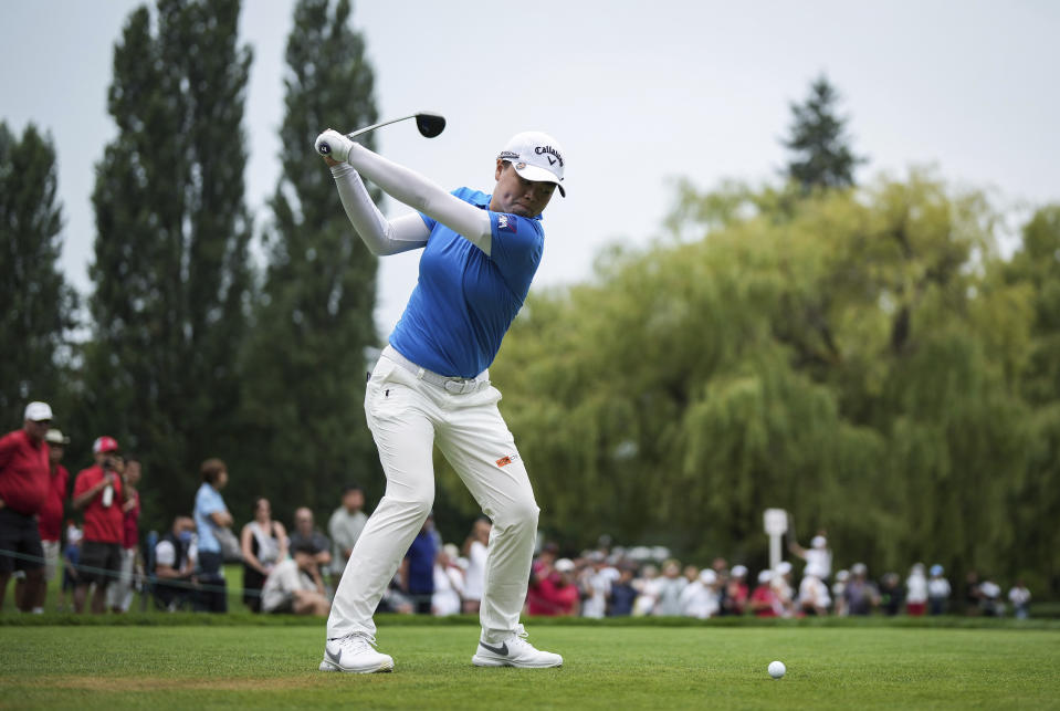 Yuka Saso, of Japan, hits her tee shot on the sixth hole during the second round of the CPKC Women’s Open golf tournament Friday, Aug. 25, 2023, in Vancouver, British Columbia. (Darryl Dyck/The Canadian Press via AP)