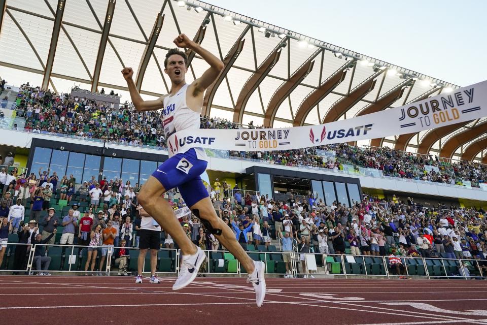 Kenneth Rooks crosses the finish line to win the men’s 3,000-meter steeplechase final during the U.S. track and field championships in Eugene, Ore., Saturday, July 8, 2023. | Ashley Landis, Associated Press