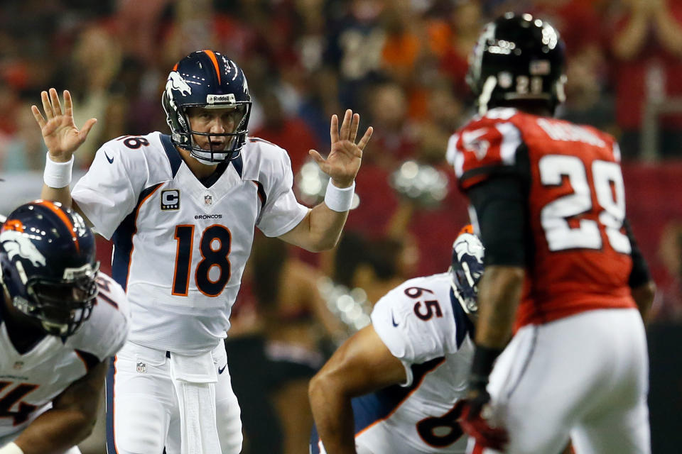 ATLANTA, GA - SEPTEMBER 17: Quarterback Peyton Manning #18 of the Denver Broncos reacts against the Atlanta Falcons during a game at the Georgia Dome on September 17, 2012 in Atlanta, Georgia. (Photo by Kevin C. Cox/Getty Images)