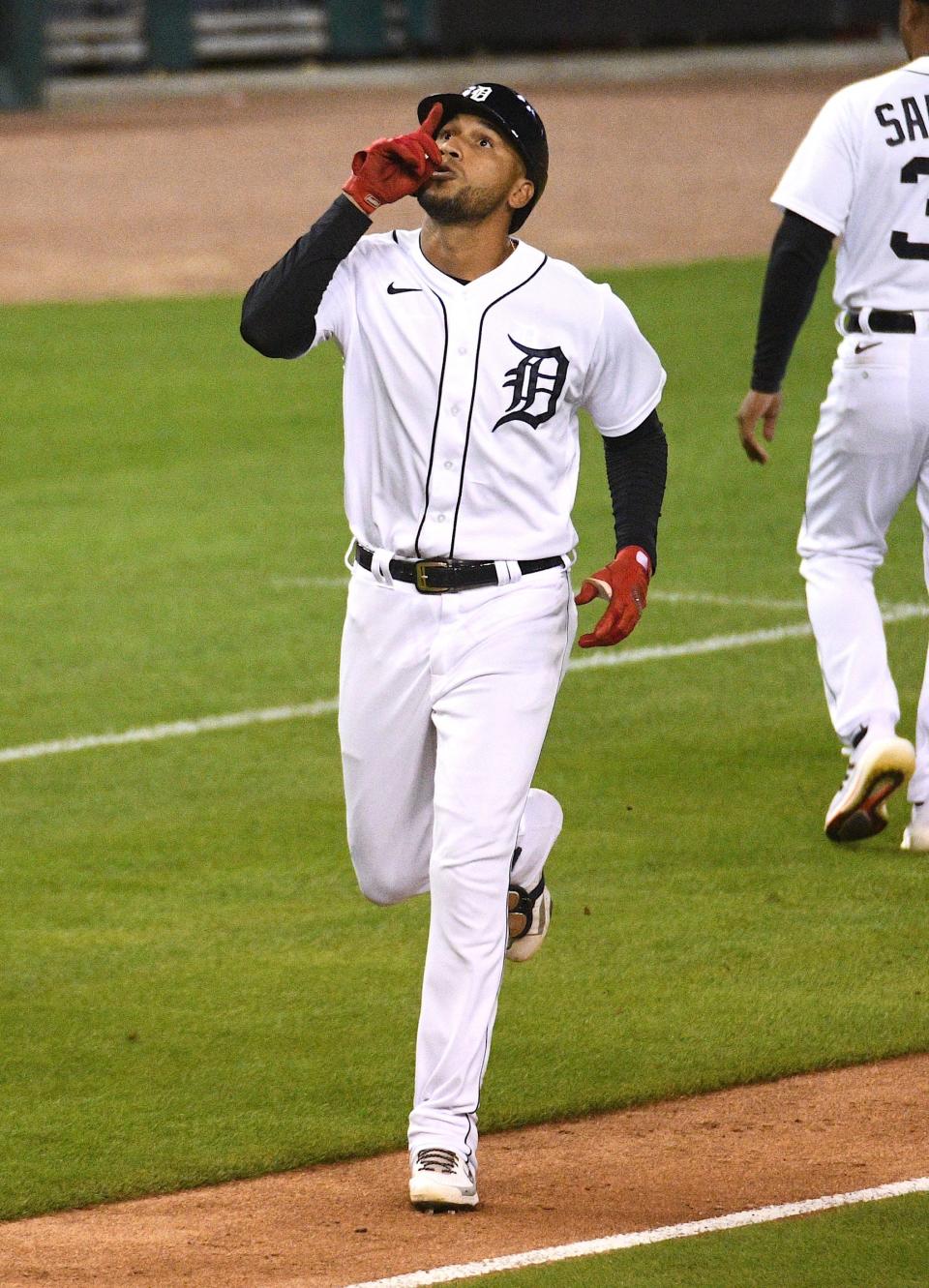 Tigers center fielder Victor Reyes celebrates his home run during the eighth inning of the Tigers' 10-4 win over the Rays on Friday, Sept. 10, 2021, at Comerica Park.