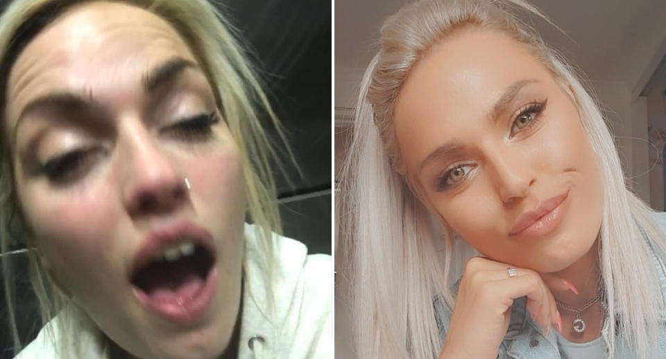 Ainsley Loudon posts a blurry photo after drinking (left) and now when she is sober (right)