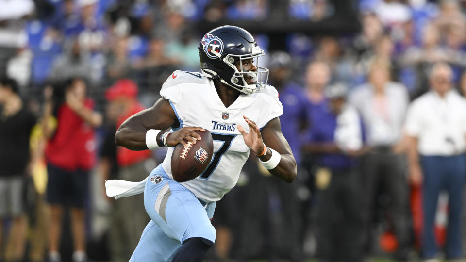 Tennessee Titans quarterback Malik Willis looks to pass against the Baltimore Ravens during the first half of an NFL football game, Thursday, Aug. 11, 2022, in Baltimore. (AP Photo/Gail Burton)