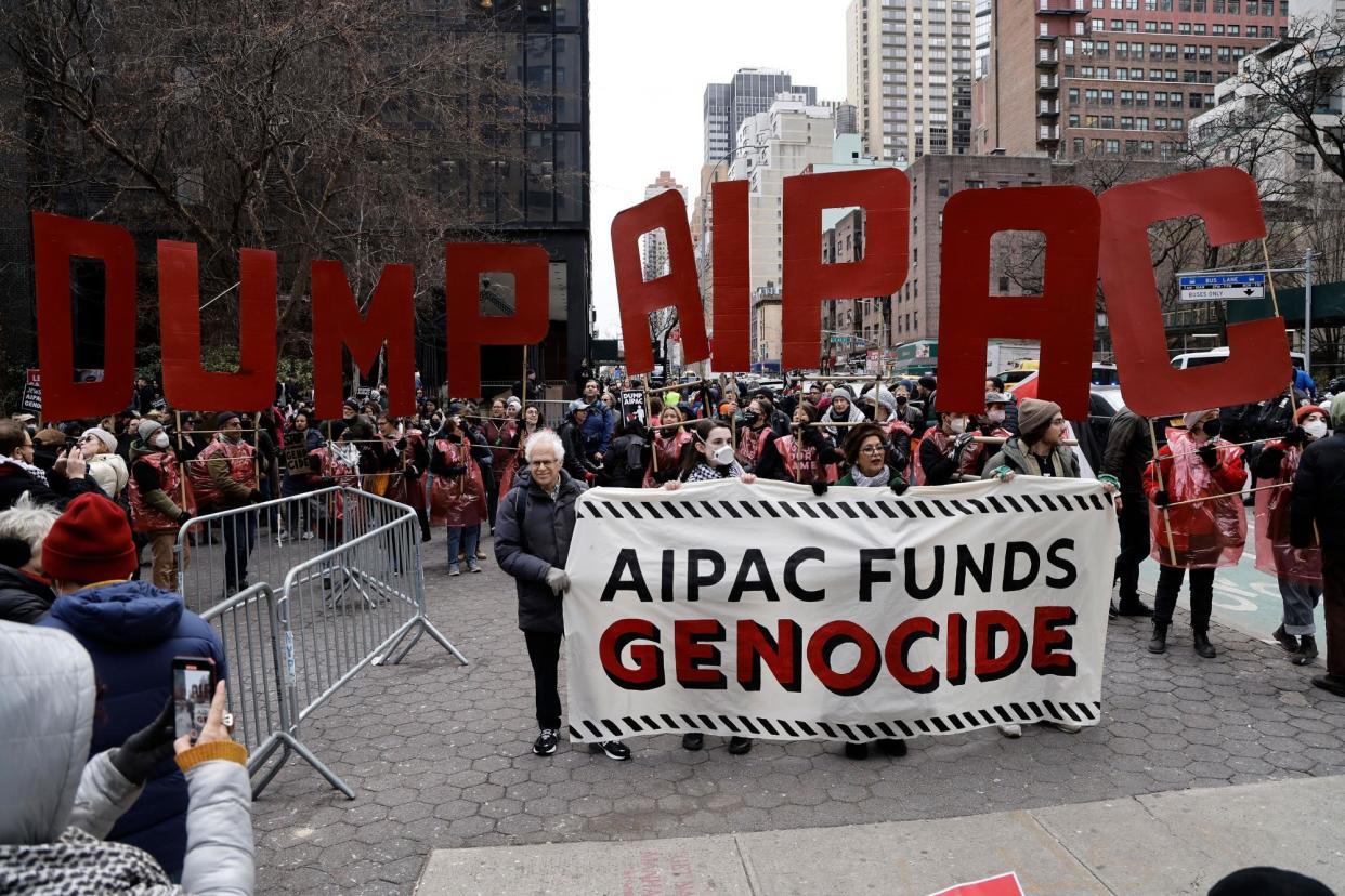 <span>Marchers demonstrate against Aipac on 22 February 2024 in New York City.</span><span>Photograph: John Lamparski/NurPhoto/REX/Shutterstock</span>