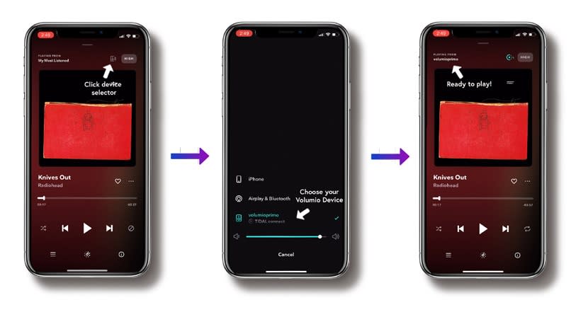 Three phones showing Tidal Connect in action on Volumio's app