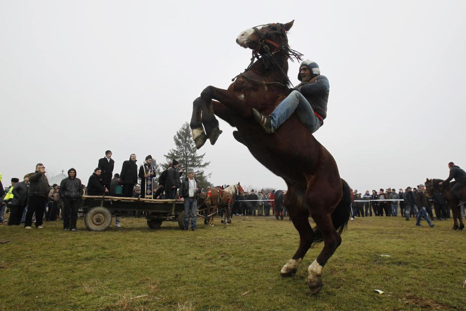 A man on horse prepares for annual horse race organized by Orthodox believers on Epiphany Day in Pietrosani