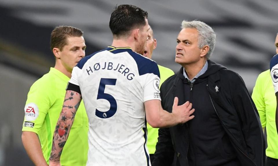 José Mourinho and Pierre-Emile Højbjerg enjoy Tottenham’s win over Manchester City.