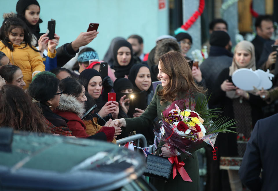 The Duchess of Cambridge leaving after a visit to a Khidmat Centre in Bradford to hear about the activities and workshops offered at the centre and the organisations that they support. (Photo by Danny Lawson/PA Images via Getty Images)