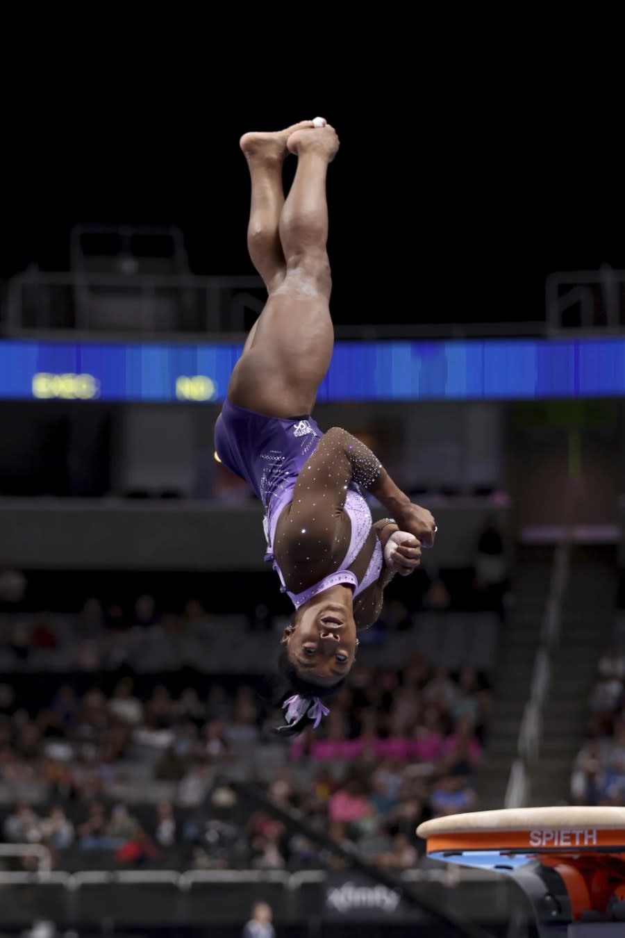 Simone Biles competes in the vault at the U.S. Gymnastics Championships, Friday, Aug. 25, 2023, in San Jose, Calif. (AP Photo/Jed Jacobsohn)