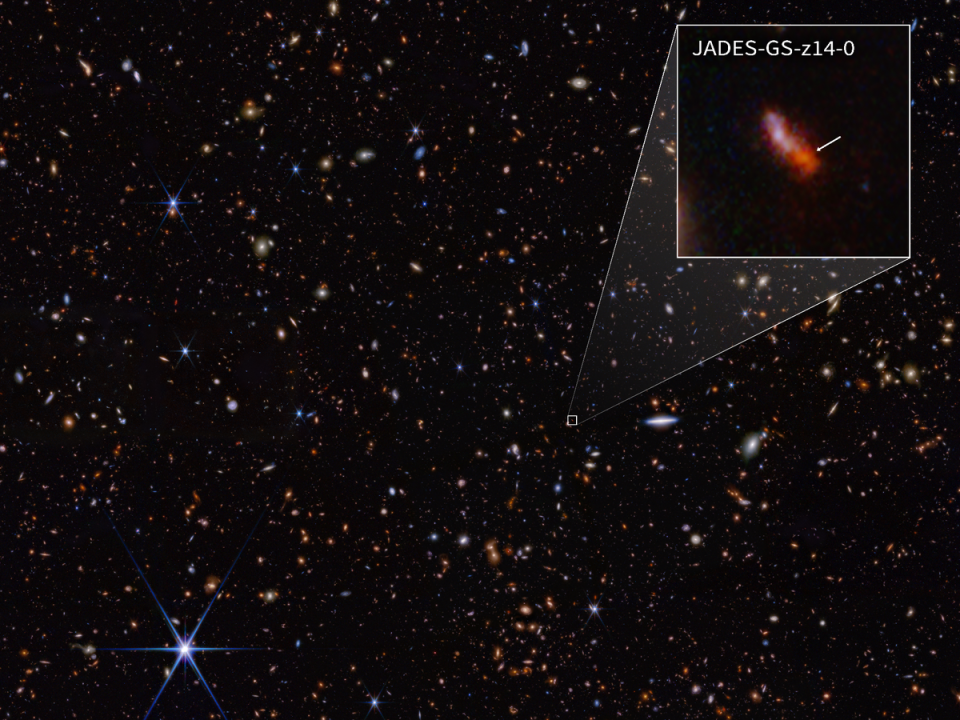 This infrared image from NASA’s James Webb Space Telescope (also called Webb or JWST) was taken by the NIRCam (Near-Infrared Camera) for the JWST Advanced Deep Extragalactic Survey, or JADES, program (NASA, ESA, CSA, STScI, Brant Robertson (UC Santa Cruz), Ben Johnson (CfA), Sandro Tacchella (Cambridge), Phill Cargile (CfA))