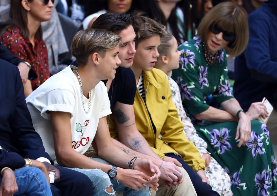 LONDON, ENGLAND - SEPTEMBER 15: (L-R) Romeo Beckham, Brooklyn Beckham, Cruz Beckham, Harper Seven Beckham and Anna Wintour attends the Victoria Beckham show during London Fashion Week September 2019 at the British Foreign and Commonwealth Office on September 15, 2019 in London, England. (Photo by Tim Whitby/BFC/Getty Images)
