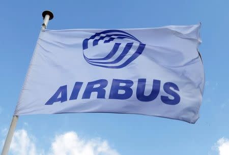 Flag with Airbus logo is pictured at the Airbus A380 final assembly line at Airbus headquarters in Blagnac near Toulouse, France, March 21, 2018. REUTERS/Regis Duvignau
