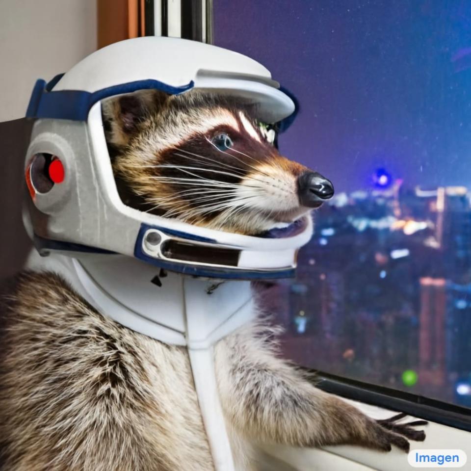 <div class="inline-image__caption"> <p>A photo of a raccoon wearing an astronaut helmet, looking out of the window at night.</p> </div> <div class="inline-image__credit"> Courtesy of Google </div>