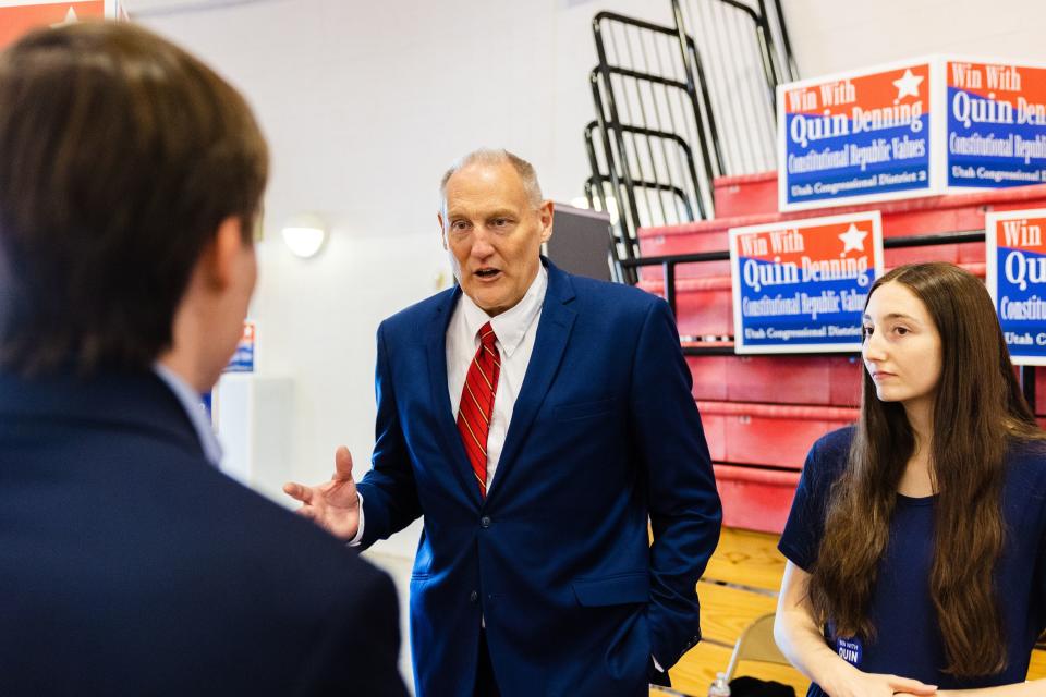 Utah Congressional 2nd District candidate Quinn Denning speaks with delegates during the Utah Republican Party’s special election at Delta High School in Delta on June 24, 2023. | Ryan Sun, Deseret News