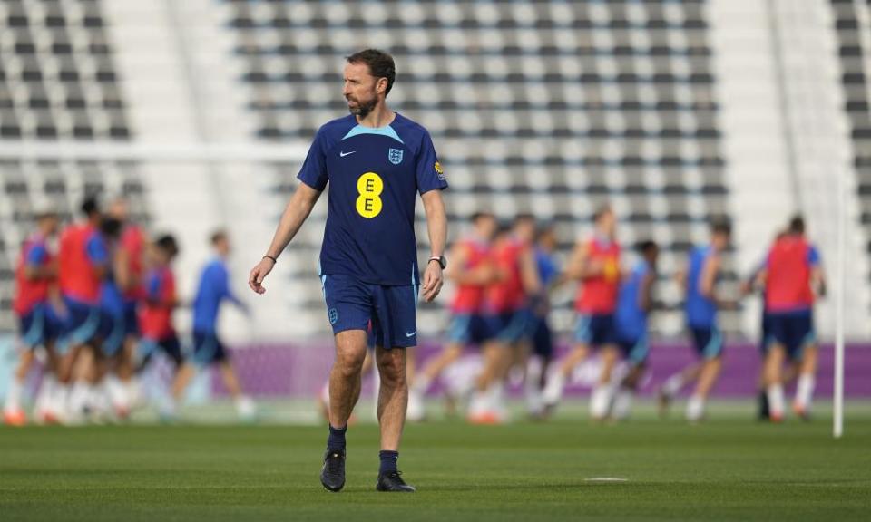 Gareth Southgate leads his team through drills at Al Wakrah Sports Complex.