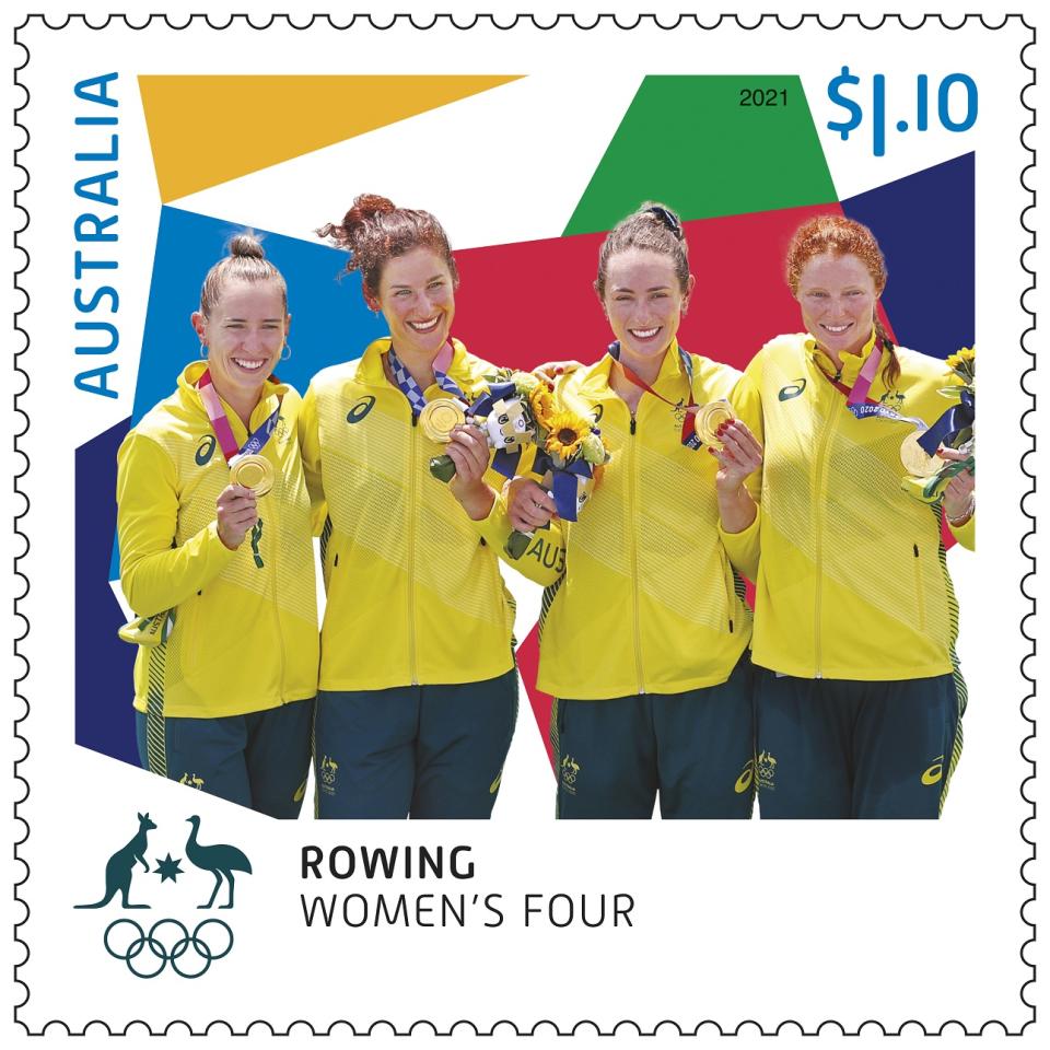 Women's Four rowing team holding gold medals. Source: Australia Post