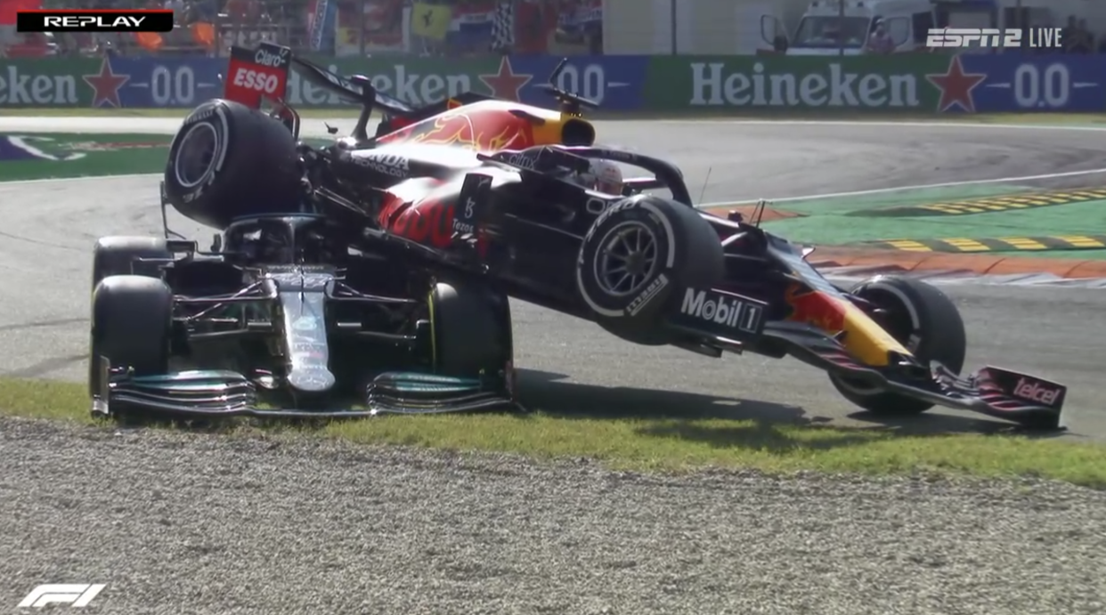 Max Verstappen's car ended up on top of Lewis Hamilton's on Sunday at Monza. (via Formula 1)