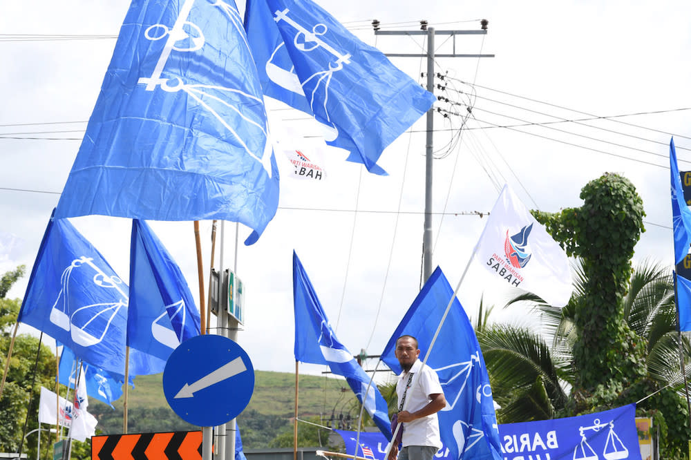 A man holds a Warisan flag in front of a sea of Barisan Nasional flags in Membakut January 5, 2020, ahead of the Kimanis by-election on January 18. — Bernama pic