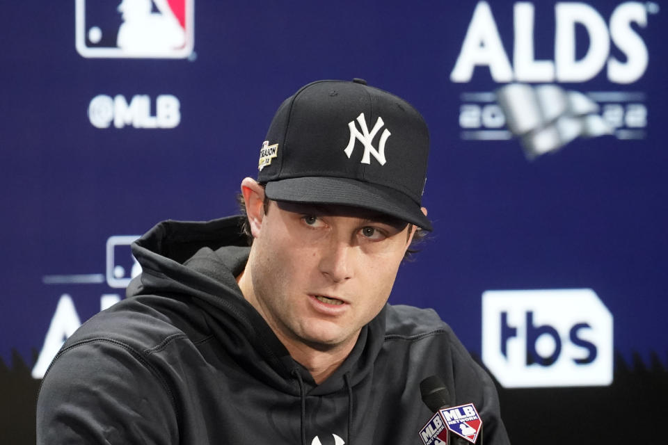 New York Yankees' Gerrit Cole attends a news conference before a workout ahead of Game 1 of baseball's American League Division Series against the Cleveland Guardians, Monday, Oct. 10, 2022, in New York. (AP Photo/John Minchillo)