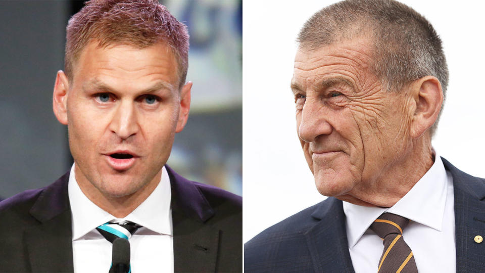 Pictured left, former AFL player Kane Cornes alongside a photo of Hawthorn president Jeff Kennett.