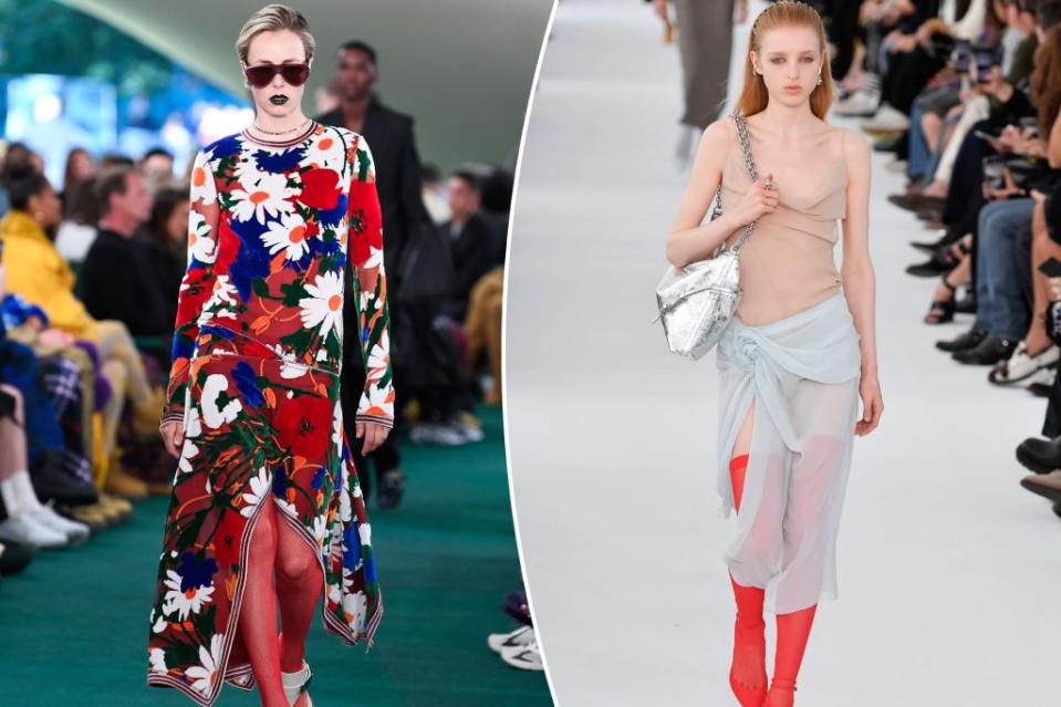 Red hosiery continued its reign in collections from Burberry (left) and Givenchy (right) for Spring 2024. Photos: Getty Images