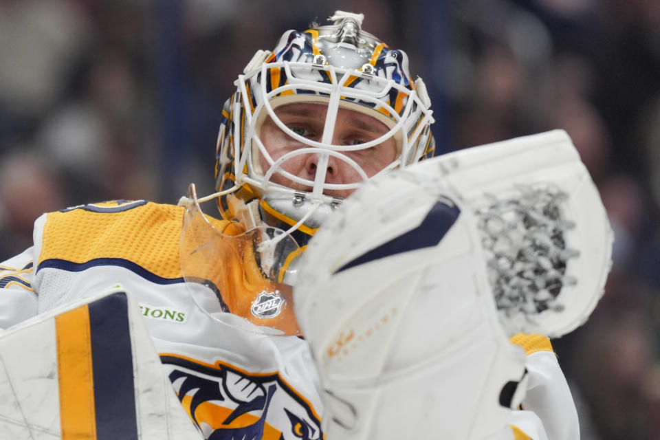 Nashville Predators' Kevin Lankinen skates on the ice after allowing a goal to Columbus Blue Jackets' Alexandre Texier during the second period of an NHL hockey game, Saturday, March 9, 2024, in Columbus, Ohio. (AP Photo/Aaron Doster)