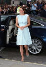 <p>For a visit to the National Portrait Gallery, the duchess chose a light blue Emilia Wickstead dress with gray suede heels. (Photo: PA) </p>