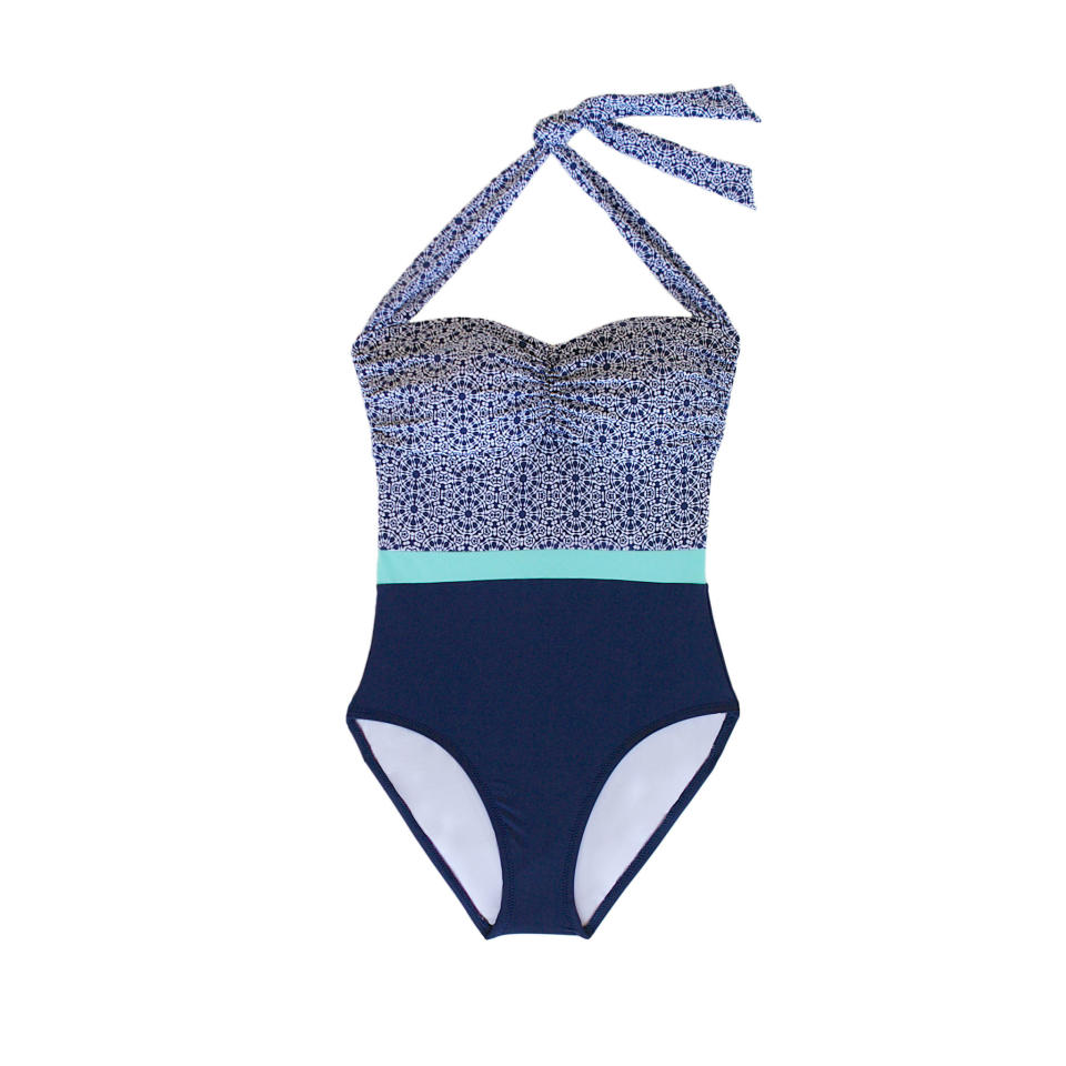 <p>Because of the turquoise waistband, this suit is a great option for creating an hourglass figure <em>and</em> showing off your shoulders. ($164; <a rel="nofollow noopener" href="https://www.helenjon.com/products/del-rey-one-piece-montauk?variant=30491066380" target="_blank" data-ylk="slk:helenjon.com;elm:context_link;itc:0;sec:content-canvas" class="link ">helenjon.com</a>)</p>