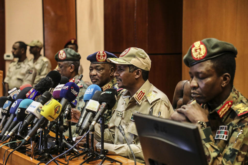 Gen. Mohamed Hamdan Dagalo, the deputy head of the military council, second right, speaks at a press conference in Khartoum, Sudan, Tuesday, April 30, 2019. Sudan’s ruling military council warned protesters against any further “chaos” as organizers call for mass rallies later this week. Dagalo, better known by his nickname "Hemedti, said Tuesday that council members “are committed to negotiate, but no chaos after today” and he called on protesters to open roads and railways. (AP Photo)