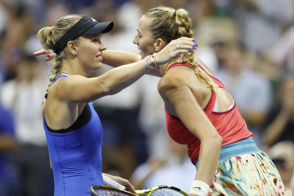 Caroline Wozniacki and Petra Kvitova, pictured here after their US Open clash.