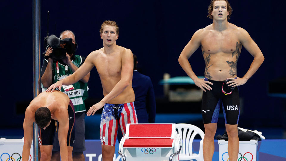 For the first time since the 200m freestyle relay was introduced in 1094, Team USA did not finish on the podium at the 2021 Tokyo Games. (Photo by ODD ANDERSEN/AFP via Getty Images)