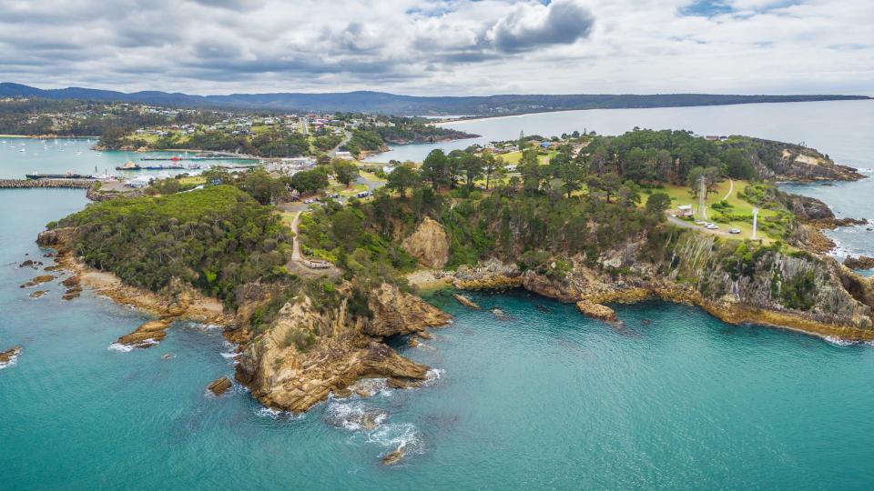 Aerial panorama of the Eden lookout, NSW, Australia