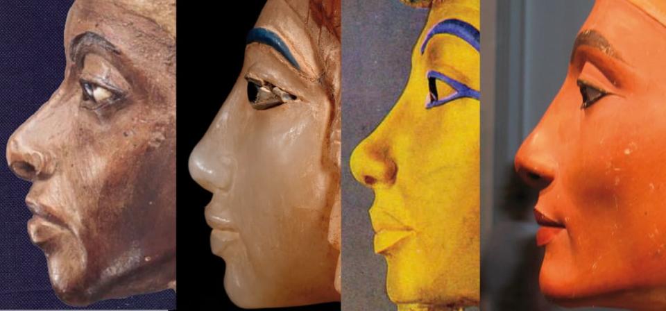 <div class="inline-image__caption"><p>(L-R) Tiye, KV55 canopic jar stopper, Tutankhamun and Nefertiti. The resemblance of the latter three to one another is obvious, raising the possibility that all three were related and that the Tutankhamun gold mask was not originally made for him. The resemblance of the stopper bust to Nefertiti is particularly strong in the nose and upper face, making it feasible that Nefertiti or one of her daughters was the subject.</p></div> <div class="inline-image__credit">Pegasus Books</div>