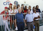 <p>Former Presidents, from left, Bill Clinton, George Bush and Barack Obama pose with wives of the U.S. team’s players before the first round of the Presidents Cup at Liberty National Golf Club in Jersey City, N.J., Thursday, Sept. 28, 2017. (AP Photo/Julio Cortez) </p>