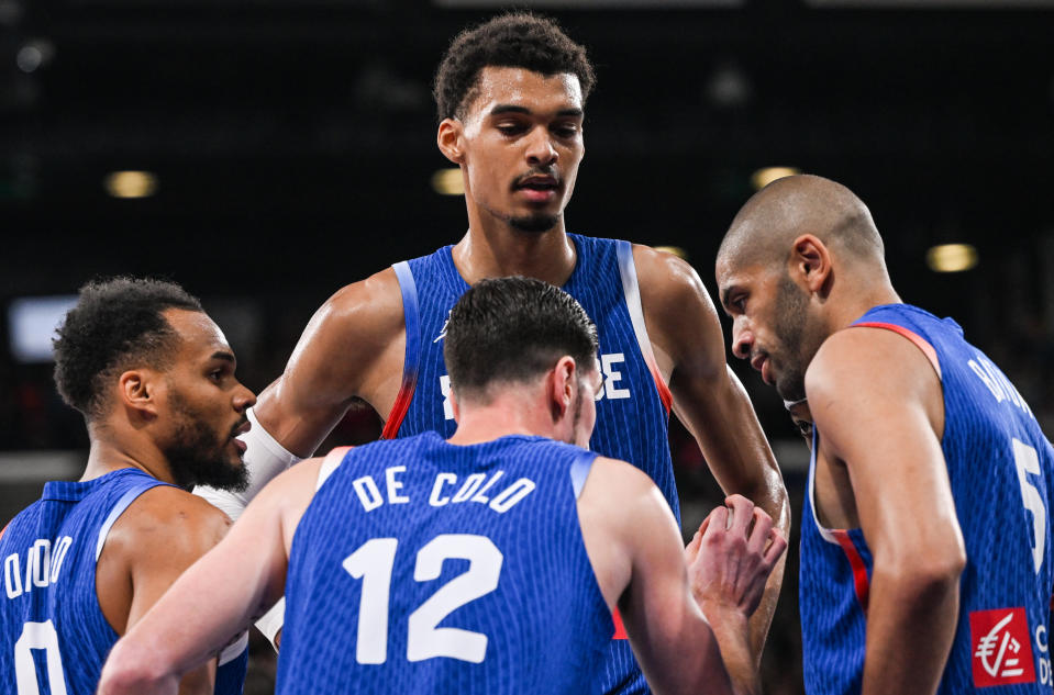 ROUEN, FRANCE - JULY 03: (L-R) Elie OKOBO, Victor WEMBANYAMA, Nando DE COLO and Nicolas BATUM of France during the International friendly match between France and Turkiye at Kindarena, on July 03, 2024, in Rouen, France. (Photo by Artur Widak/NurPhoto via Getty Images)