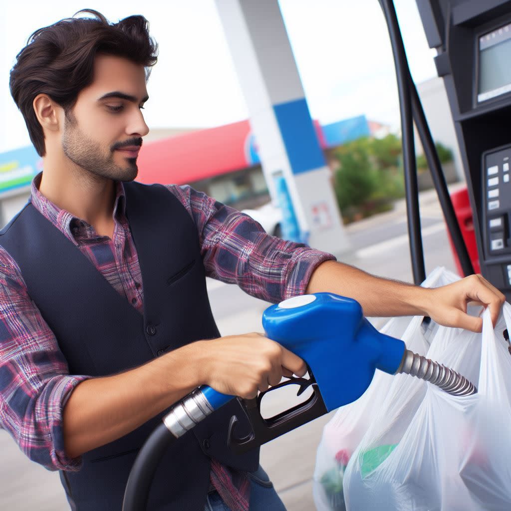 man putting gas in plastic bags