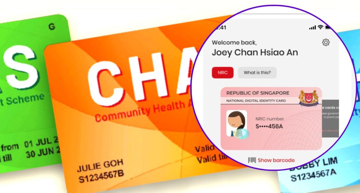 Image showing various CHAS cards with circle inset featuring a screenshot of the Singpass app. 