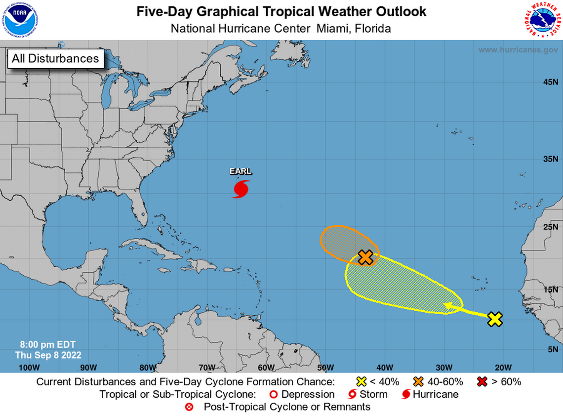 Forecasters are watching Hurricane Earl and two disturbances in the Atlantic.