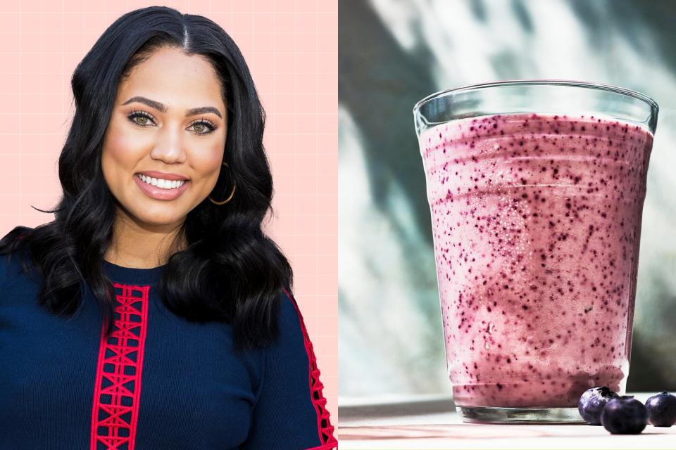 A portrait of Ayesha Curry next to a blueberry smoothie