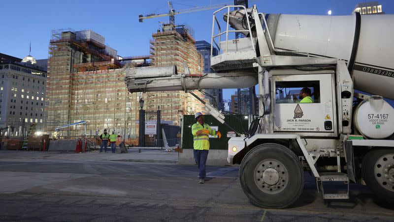 A truck enters the grounds of Temple Square in Salt Lake City to pour concrete at the Salt Lake Utah Temple of The Church of Jesus Christ of Latter-day Saints on Tuesday, April 11, 2023.