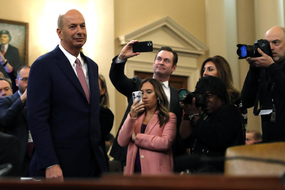 U.S. Ambassador to the European Union Gordon Sondland arrives to testify before the House Intelligence Committee on Capitol Hill in Washington, Wednesday, Nov. 20, 2019, during a public impeachment hearing of President Donald Trump's efforts to tie U.S. aid for Ukraine to investigations of his political opponents. (AP Photo/Andrew Harnik)