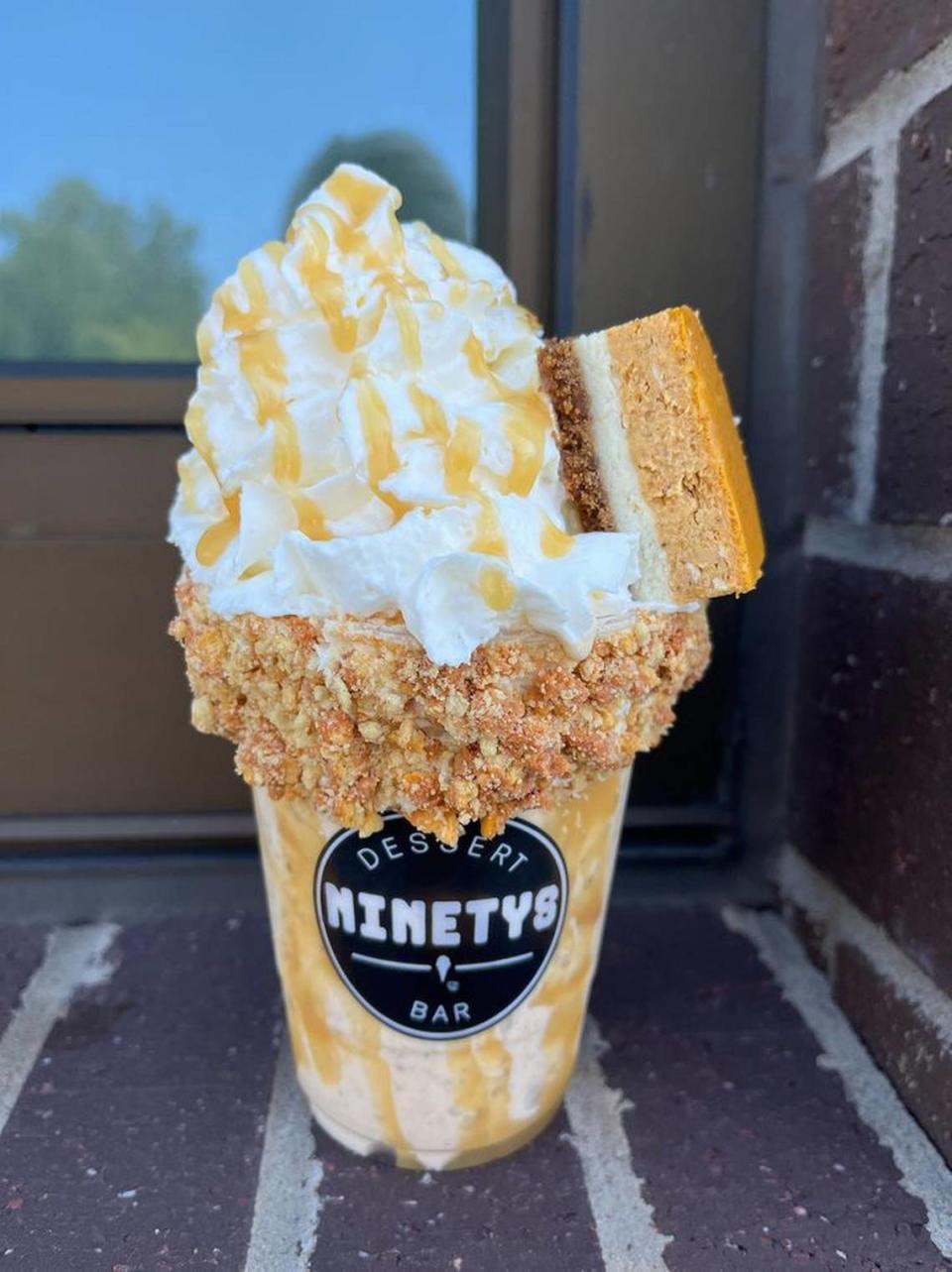 The pumpkin cheesecake milkshake from Ninety’s Dessert Bar made with pumpkin and vanilla ice cream, homemade layered pumpkin cheesecake and more.