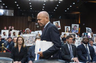 With protesters in the audience, Boeing CEO Dave Calhoun arrives to testify before the Senate Homeland Security and Governmental Affairs Subcommittee on Investigations to answer to lawmakers about troubles at the aircraft manufacturer since a panel blew out of a Boeing 737 Max during an Alaska Airlines flight in January, at the Capitol in Washington, Tuesday, June 18, 2024. (AP Photo/J. Scott Applewhite)