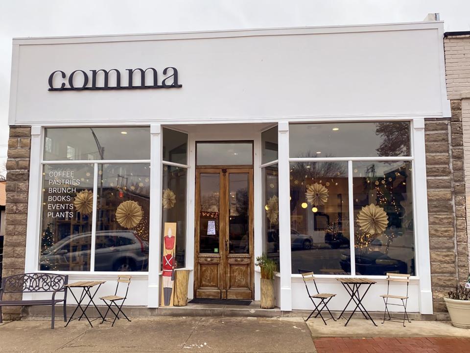 The street view of Comma, a coffee shop and cafe, is shown in Shawnee.