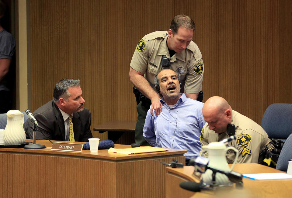 Murder suspect Kassim Alhimidi reacts to being found guilty for the murder of his wife Shaima Alawadi, Thursday April 17, 2014. Alhimidi shook his head as the verdict was read Thursday. He was charged with murdering his 32-year-old wife, Shaima Alawadi, in El Cajon, home to one of the largest enclaves of Iraqi immigrants in the U.S. (AP Photo/John Gastaldo,Pool)