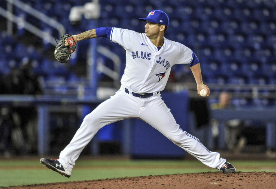 Toronto Blue Jays reliever Tommy Milone throws to a Los Angeles Angels batter during the ninth inning of a baseball game Saturday, April 10, 2021, in Dunedin, Fla. The Blue Jays won 15-1. (AP Photo/Steve Nesius)