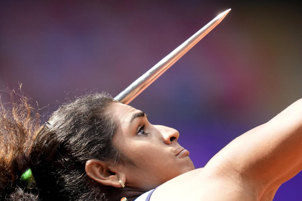 India's Nandini Agasara competes during the women's heptathlon javelin throw at the 19th Asian Games in Hangzhou, China, Sunday, Oct. 1, 2023. (AP Photo/Lee Jin-man)