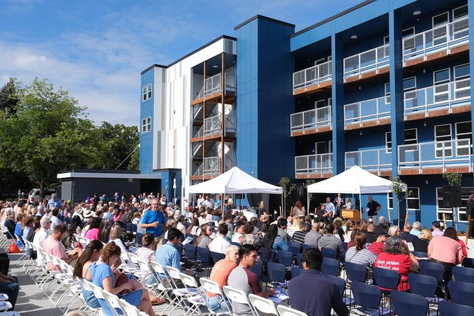 About 500 people attend the grand opening Thursday of Courtney Place, a 34-unit affordable housing complex for veterans in downtown Salem.