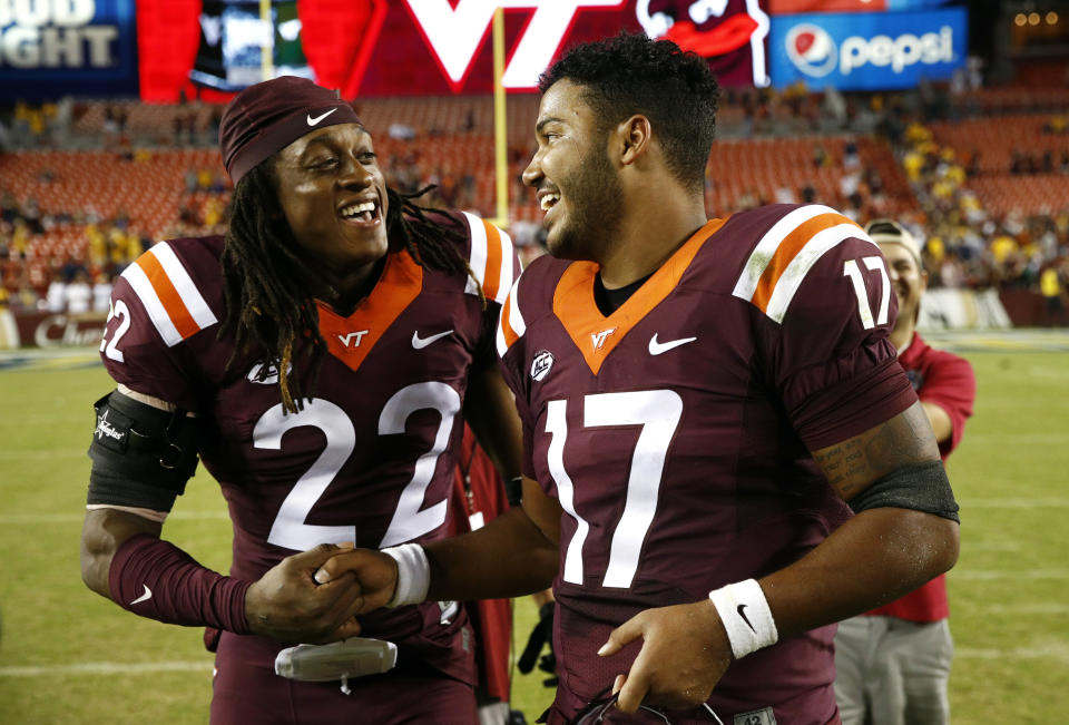 Virginia Tech safety Terrell Edmunds (L) projects as a second- or third-round draft pick. (AP)