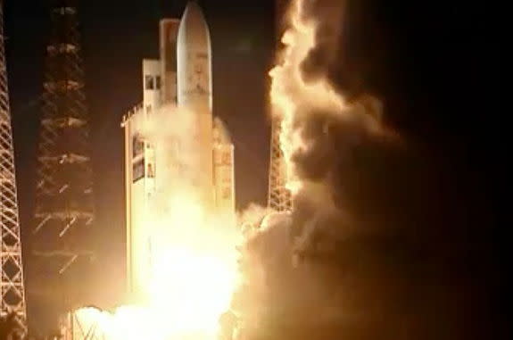 The "Albert Einstein" Automated Transfer Vehicle launches atop an Ariane 5 rocket from Kourou, French Guiana on June 5, 2013.